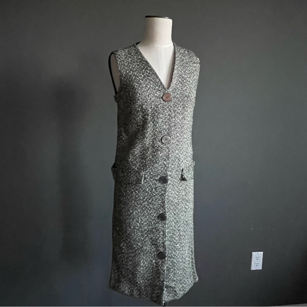 Vintage Herringbone Sleeveless Button Front Dress Wool Twee Minimalist Old Money